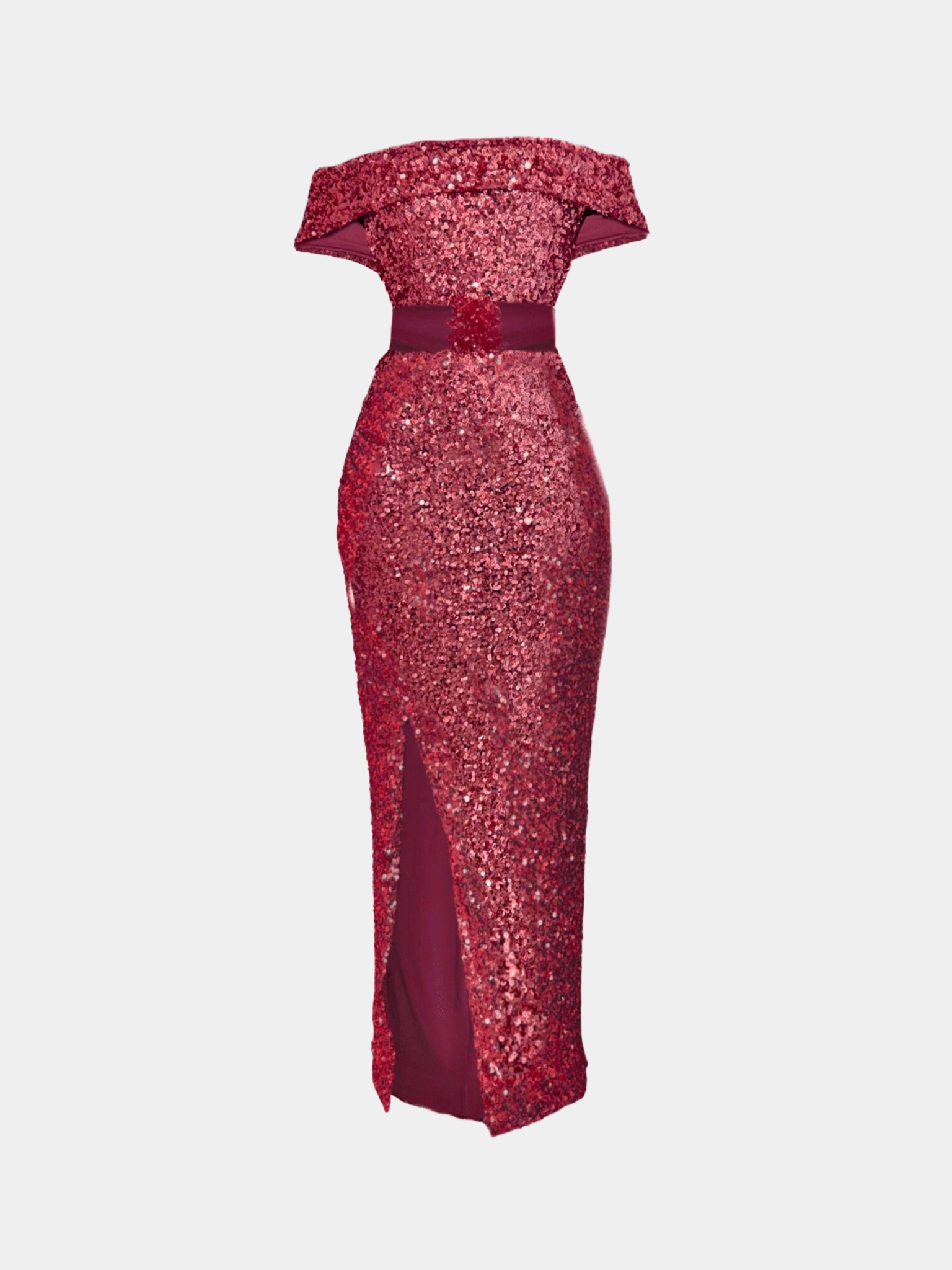 strapless open back dress Slit Sequin Dress-Red