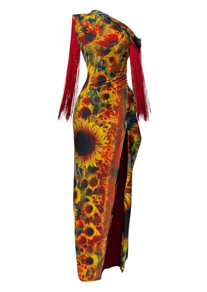 Off Shoulder Drape Dress- Sunflower Print