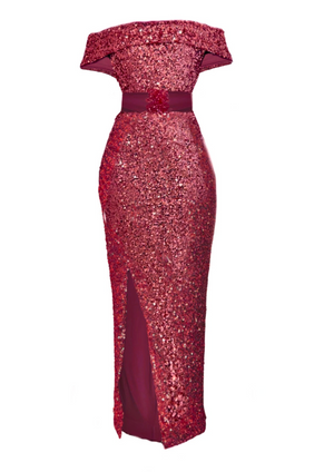 Slit Sequin Dress-Red