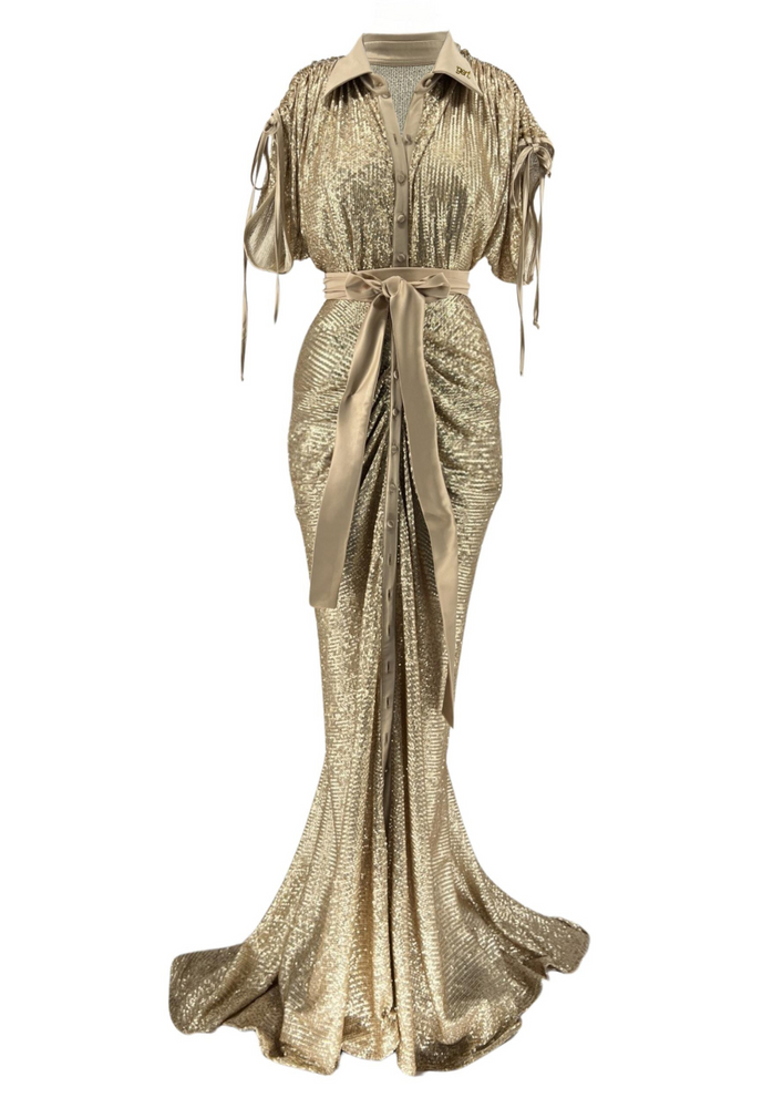 Gold sequin Ruched Shirt Dress