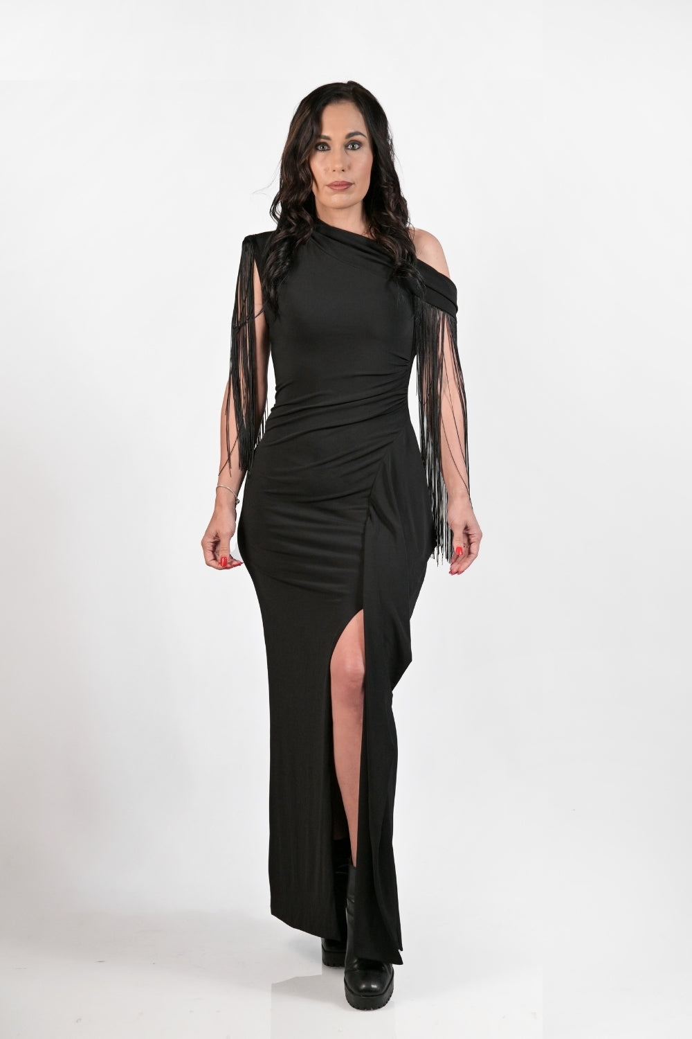 Off Shoulder Drape Dress- Black