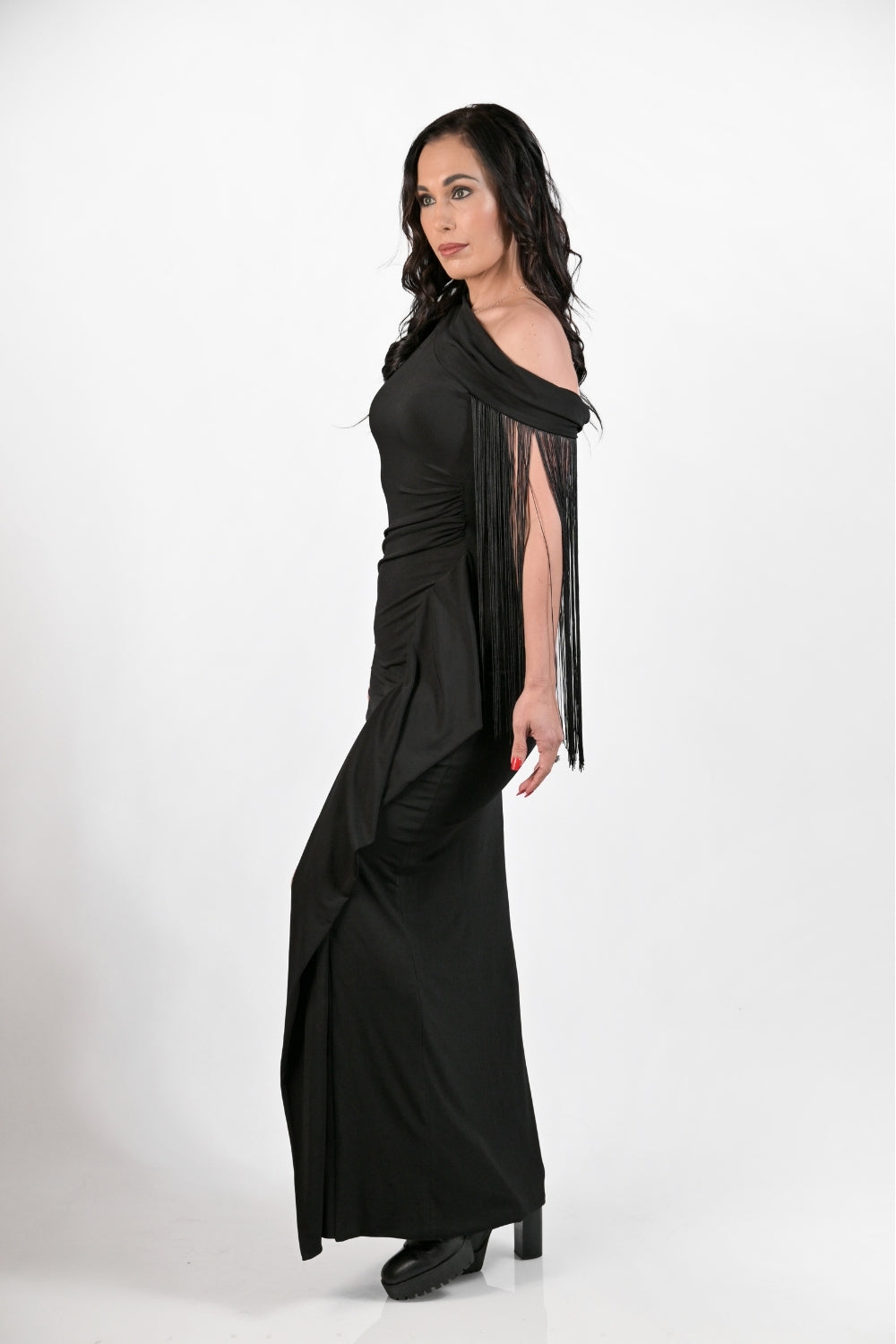 Off Shoulder Drape Dress- Black