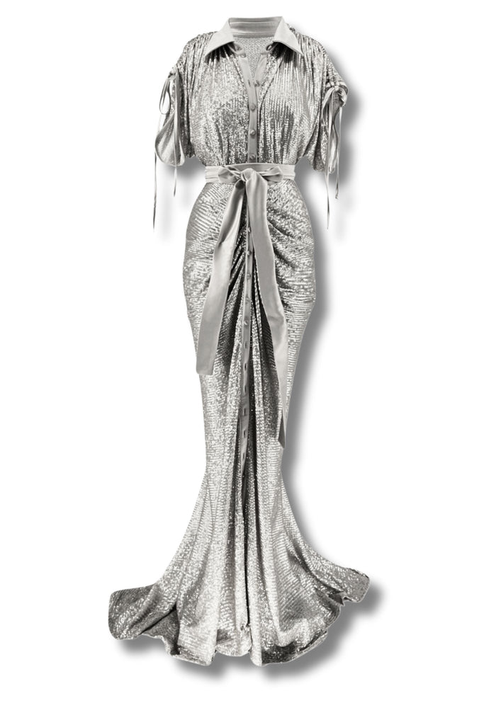Silver sequin Ruched Shirt Dress - Gert - Johan Coetzee