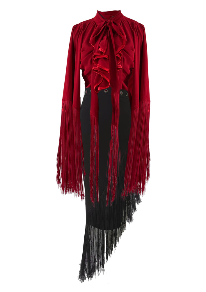 Flounce and Fringe Blouse- Red