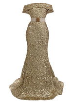 Off-Shoulder Sequin Dress-Gold